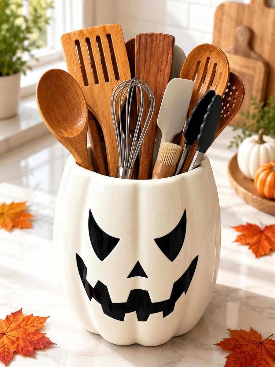 Halloween Pumpkin Kitchen Utensil Holder, Large Capacity Countertop Cooking Tool Organizer, Spatula Spoon Storage Container, Jack O Lantern Kitchen Decor, Fall Home Decoration - Pumpkin - View 1