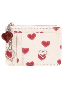 Women's Cute Y2K Red Heart Print PU Leather Card Holder With Keychain, Heart Charm & Metal Detail, Zipper Mini Wallet - White - View 11