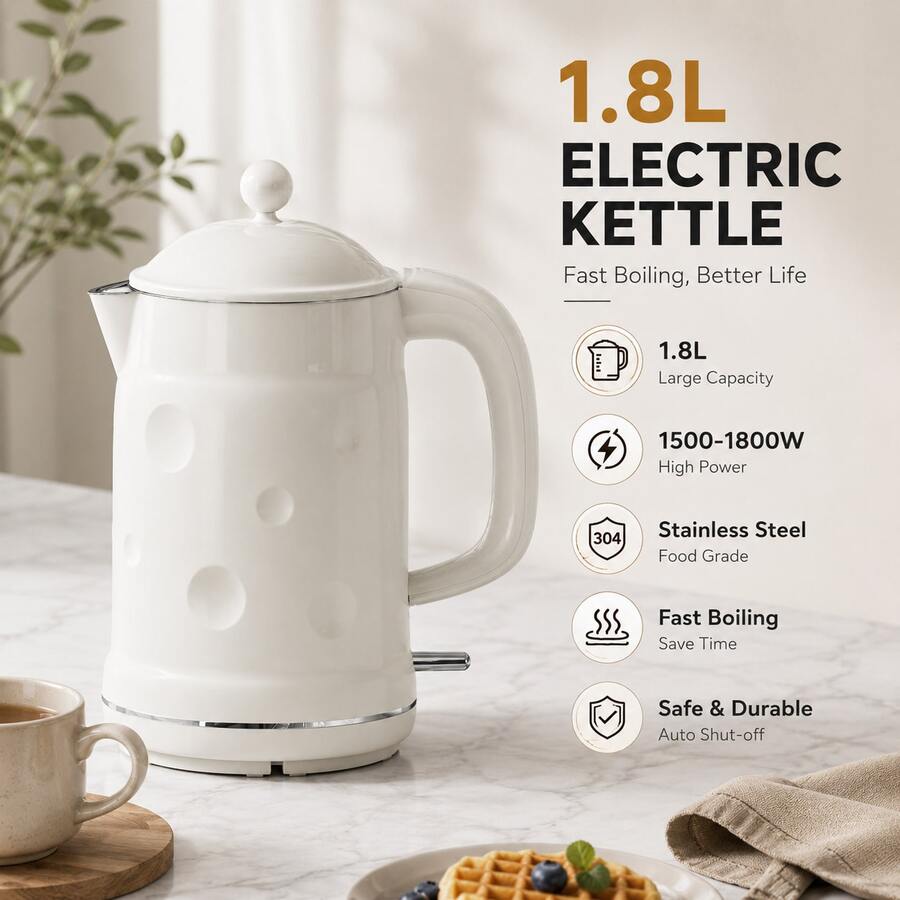Ketel Listrik Stainless Steel 1,8L, 1800W, Pemanasan Cepat, 220-240V 50/60Hz, Ketel Air Panas Tanpa Kabel untuk Teh, Kopi & Dapur Rumah - Putih - View 1