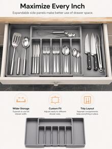 1pc Drawer Organizer Box, Expandable Kitchen Utensil Tray, Adjustable Plastic Spoon Fork Knife Storage Rack, Large Capacity Kitchen Accessories (Black, Grey, White) - Black - View 10
