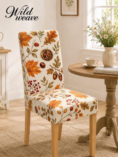 1/4 pièces Housses de chaise élastiques à imprimé numérique d'automne, Halloween, crâne, citrouille, feuille d'érable, protecteur de chaise de salle à manger lavable à dossier haut, convient pour toutes les saisons pour le salon, la maison, le restaurant, le banquet, la décoration de fête et de festival