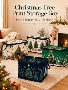 Open-Top Rustic Christmas Tree Storage Basket, Hand-Painted Pine Tree, Snowflake And Star Pattern, Red Black Silver Color Scheme, Vintage Winter Holiday Design, Foldable With Handle Storage Bin, Home Organization Use - Multicolor - View 3