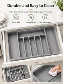1pc Drawer Organizer Box, Expandable Kitchen Utensil Tray, Adjustable Plastic Spoon Fork Knife Storage Rack, Large Capacity Kitchen Accessories (Black, Grey, White) - Black - View 9