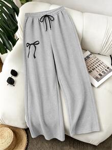Comfortable Plus Size Women's Wide Leg Pants, Adjustable Drawstring Waist, Long Loose Fit, Suitable For Daily Wear - Grey - View 2
