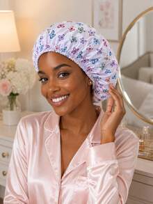 Women's Colorful Butterfly Print Satin Shower Cap, Elastic Reusable Waterproof Bath Cap, Soft Hair Protection Cap, Bathroom Sleep Hair Accessory - A - View 3