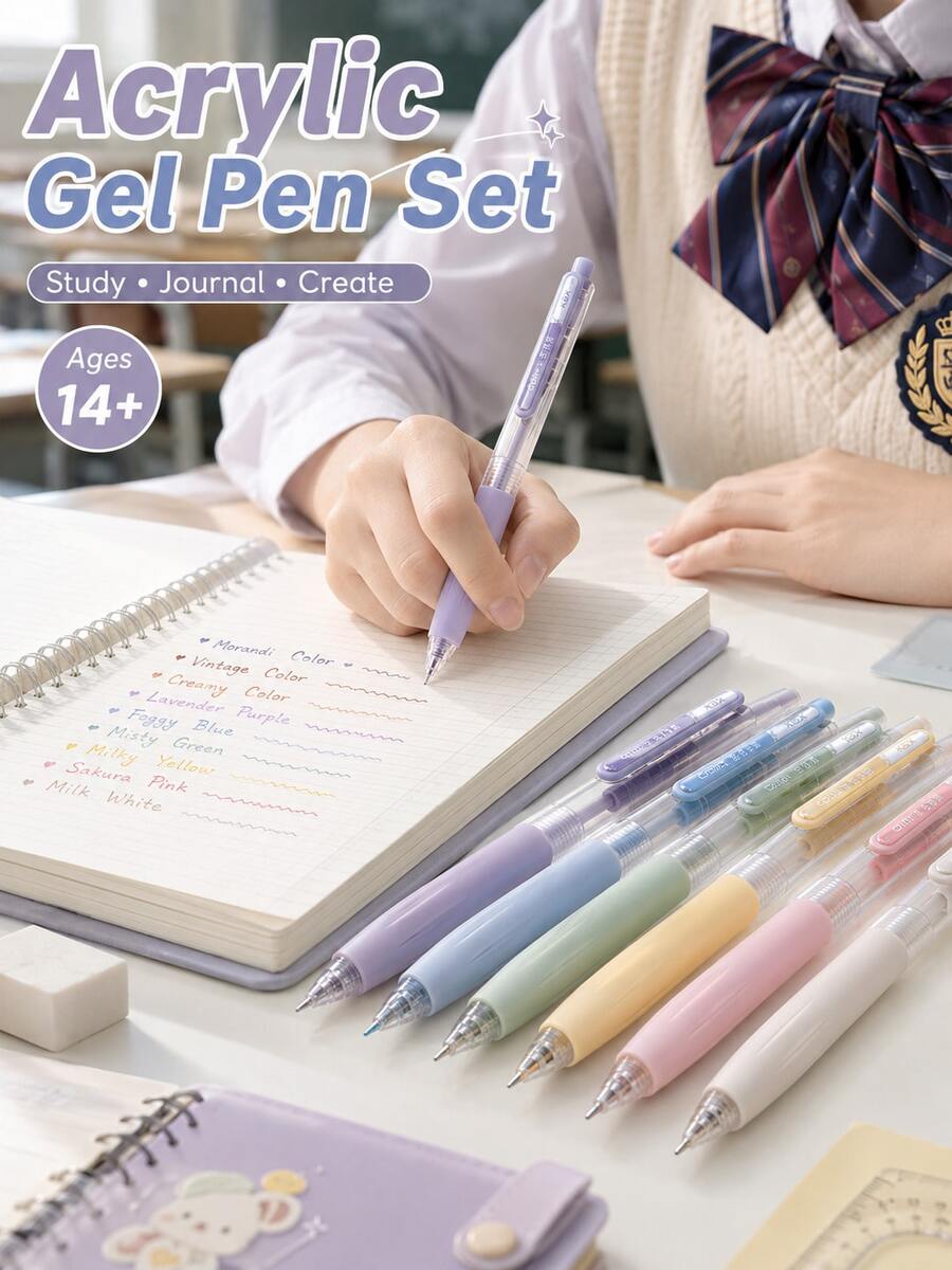 6 Colors/Box Acrylic Color Gel Pens Set, Retractable No-Bleed Layerable Drawing Pens, Cute Aesthetic Marking Pens For Journaling, Notes, Highlighting, Students, School Supplies & Art Supplies - Available In Multiple Colors - View 1