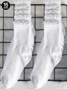 10 Pairs Women's Black & White Mixed Color Ruffle Edge Casual Versatile Mid-Calf Socks, Odor-Resistant, Sweat-Absorbent, Comfortable, Suitable For Students, Adults, Daily Wear, Gift - White - View 14