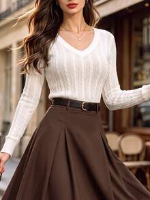DONICY Women's Cream Deep V Neck Cable Knit Slim Cropped Long Sleeve Sweater Top, Vintage Textured Fitted Layering Blouse For Spring Fall Daily Wear - White - View 8