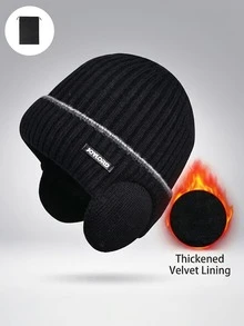 1pc Unisex Thermal Lined Knitted Hat, Thick Ribbed Knit Fabric For Warmth, Built-In Ear Flaps To Block Cold Wind, Simple Woven Strap And Fabric Label Design, Snug Fit To Head Circumference, Suitable For Cycling, Commuting, Skiing, Outdoor Activities, Versatile Cold-Weather Beanie For Autumn/Winter - Knitted Hat - View 11