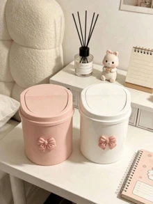 Mini Desktop Trash Bin With Rotating Lid And Decorative Bow, Plastic Cylindrical Dustbin, Perfect For Home Office Kitchen Bedroom Vanity Desk Organization, Cute Tabletop Garbage Container For Daily Storage - Multi-color - View 3