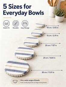 1pc Reusable Bowl Covers Striped Cotton Linen Fabric Elastic Bowl Lid Reusable Food Storage Covers For Salad Bowls Containers Kitchen Food Preservation Dustproof Bowl Wraps 5 Sizes Available - Multicolor - View 9