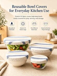 1pc Reusable Bowl Covers Striped Cotton Linen Fabric Elastic Bowl Lid Reusable Food Storage Covers For Salad Bowls Containers Kitchen Food Preservation Dustproof Bowl Wraps 5 Sizes Available - Multicolor - View 5