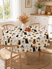 1pc Halloween Round Tablecloth, Cute Ghost Black Cat Pumpkin And Witch Hat Print Table Cover, Autumn Halloween Party Kitchen Dining Room Decoration - Multicolor - View 5