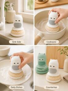 Modern Plastic Soap Dispenser Cleaning Brush, Cat Ear Handle, Press Top To Dispense Liquid, Round Sponge Brush Head, 2 Colors Available, Kitchen Pots Bowls Sink Countertop Daily Cleaning Brush, Spring Kitchen Cleaning - Multicolor - View 7