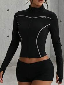 Hidkat Women's Fashion Solid Color Zip-Up Stand Collar Sports Knit Jacket - Black - View 4