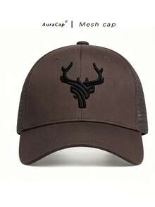 1 Men's Antler Embroidery Baseball Mesh Cap Outdoor Adjustable Sunscreen Casual Hat Suitable For Spring And Summer Travel Beach Party - Coffee Brown - View 1