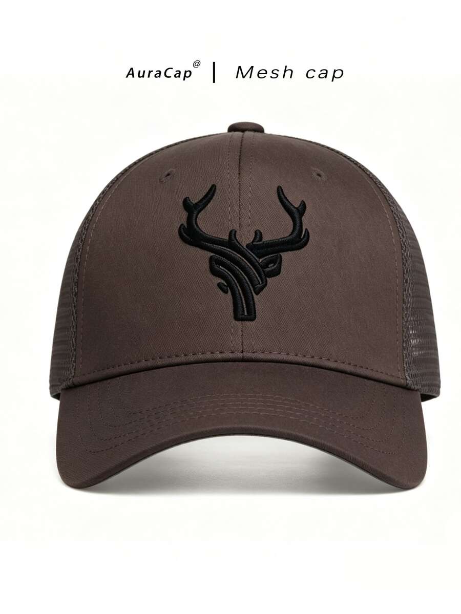 1 Men's Antler Embroidery Baseball Mesh Cap Outdoor Adjustable Sunscreen Casual Hat Suitable For Spring And Summer Travel Beach Party - Coffee Brown - View 1