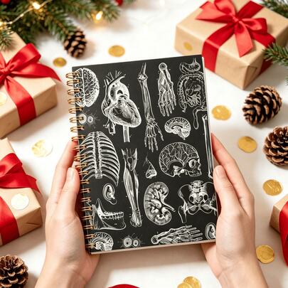 1pc Golden‑Coil Spiral Notebook, Vintage Black‑Background Human Anatomy Organs Print Journal, Medical Biology Note‑Taking Workbook, School Learning Supplies, Back‑To‑School, Graduation, Birthday Christmas Gift For Nursing, Medical & Biology Students