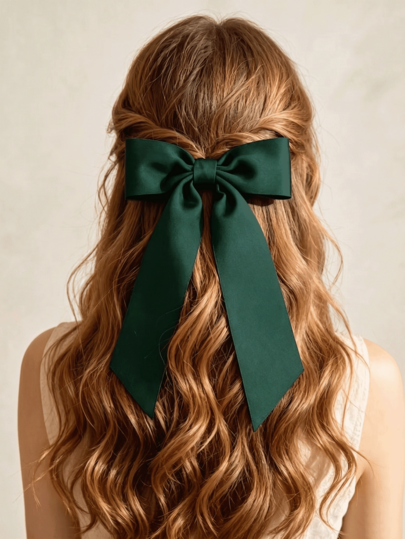 Women's Girls Elegant Satin Bow Hair Clip, Large Green Silk Ribbon Bow Half-Up Hair Accessory, Formal Occasion Party Wedding Holiday Hair Clip