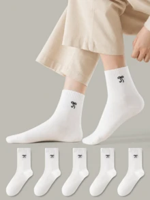 ZUJO 1/5 Pairs Women's Pure White Vertical Ribbed Bow Mid-Calf Socks, Comfortable, Moisture-Wicking, Breathable, Classic Versatile For Daily Casual Wear, Suitable For Spring, Autumn And Winter - White - View 5
