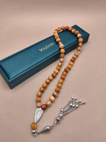 MAJOOD 45pcs Natural Amber Wood Prayer Beads/Tasbih/10mm/8mm, Polished With Oil, Becomes More Lustrous With Repeated Use, With Silver Tassel, Gift Box Suitable For Ramadan And Other Festivals - 45 Amber Wood Beads - View 3