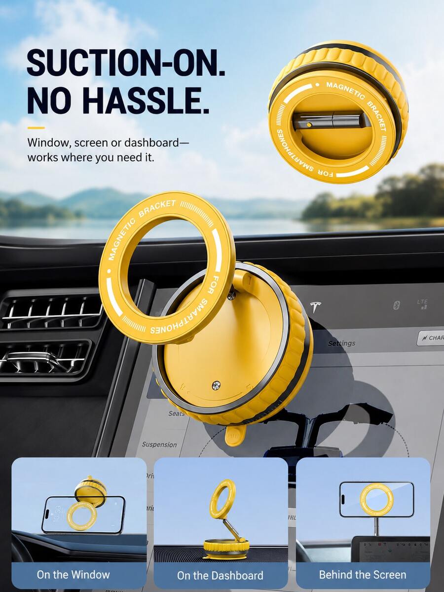 Magnetic Car Phone Holder, Vacuum Suction Cup Phone Mount, 360° Rotating Foldable Dashboard Phone Holder, Strong Magnetic Car Navigation Mount, Convenient Car Accessory, Phone Holder