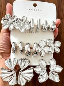 4/6/16PCS Fashionable Elegant Floral Geometric Multi-Element Silver Metallic Earring Set, Women's Fashion Earring Set, Suitable For Daily Wear, (Lightweight CCB Material, Non-Fading) Suitable For Various Occasions. - Silver - View 8