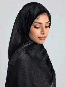 Spring/Summer New Satin Textured Modest Hijab Dark Tone Jacquard Scarf Solid Color Pleated Rectangular Muslim Headscarf - Black - View 3