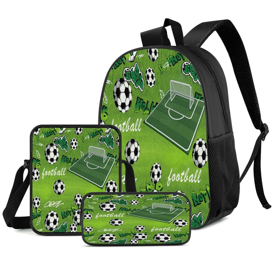 Soccer Field Graffiti Element 2D Print 3 Pieces Backpack Set, Large Capacity Backpack With Crossbody Bag And Pencil Case, Side Elastic Mesh Pocket For Water Bottle Storage, Wide Breathable Adjustable Shoulder Straps, Durable Water-Resistant Fabric, Fresh Sporty Style For Daily Commute, Travel And Casual Storage - Printed Bag - View 1