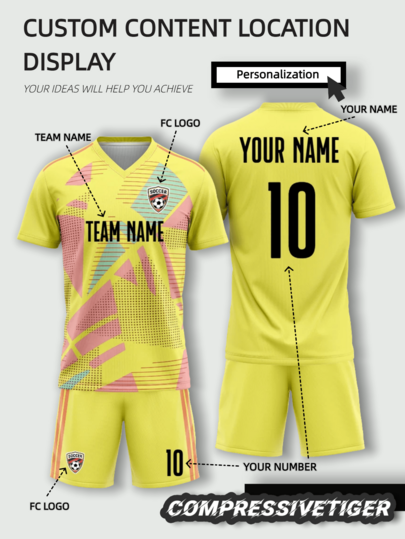2pcs/Set Customized Yellow & Pink Art Football Jersey Set - With A Bright Yellow Base Color And A Soft Pink Artistic Pattern, This Jersey Set Exudes A Positive And Uplifting Vibe. The Breathable, Quick-Dry Fabric Ensures You Stay Dry And Comfortable During The Game. Ideal For Football Clubs, School Teams, And Training. Also A Great Gift Choice For Halloween, Thanksgiving, Christmas, And New Year.