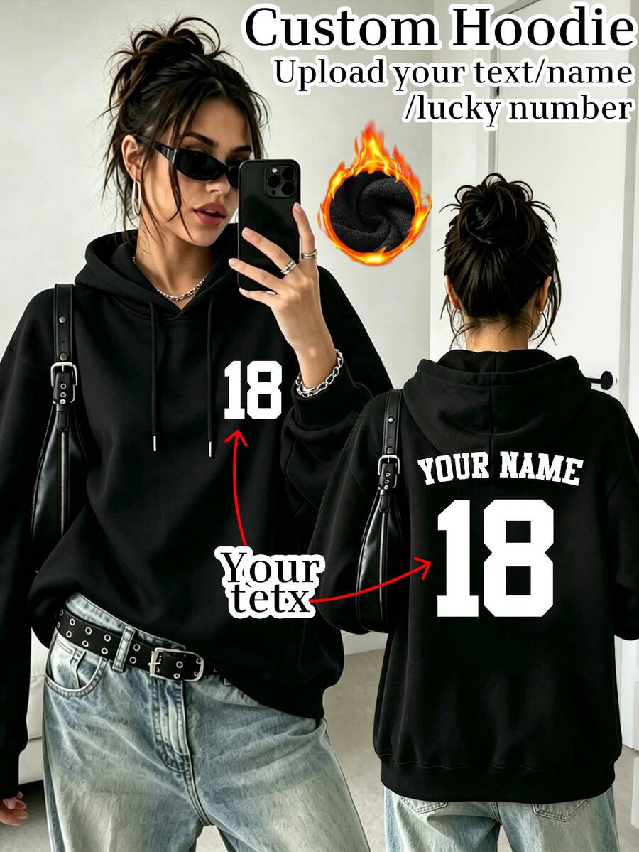 Women's Personalized Custom Hooded Sweatshirt Front And Back Graphic Design, Autumn/Winter Outfit, Custom Your Text/Slogan/Name/Lucky Number/Anniversary Date, Gift For Boyfriend/Girlfriend/Mother's Day - Black - View 1