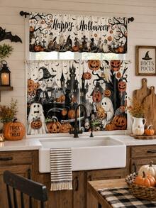 3pcs Happy Halloween Kitchen Curtain Set, Ghost Pumpkin Haunted Castle Truck Graveyard Print Tier Panels With Valance For Spooky Farmhouse Window Decor - E - View 2