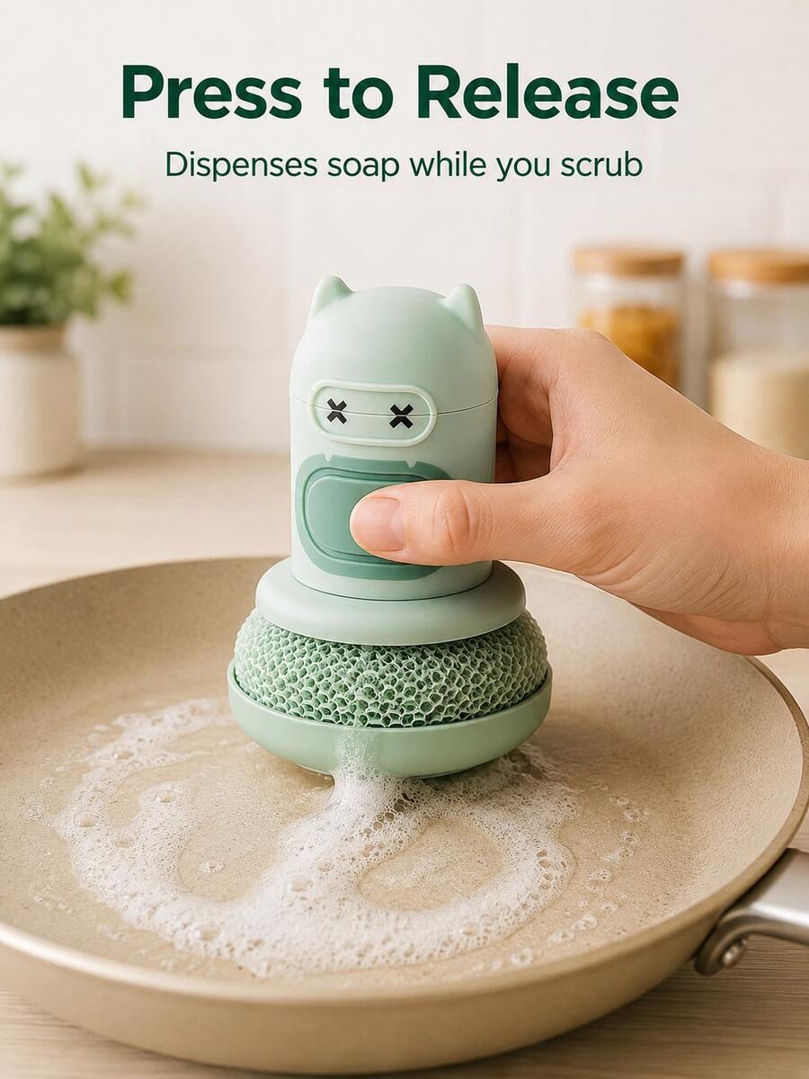 Modern Plastic Soap Dispenser Cleaning Brush, Cat Ear Handle, Press Top To Dispense Liquid, Round Sponge Brush Head, 2 Colors Available, Kitchen Pots Bowls Sink Countertop Daily Cleaning Brush, Spring Kitchen Cleaning