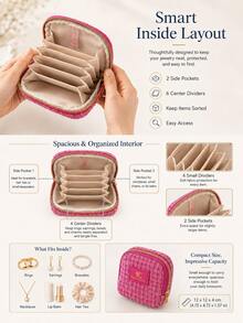 1pc Essential Tweed Portable Jewelry Storage Bag, Aesthetic Zipper Small Cosmetic Pouch, Compartment Organizer Box, Suitable For Necklaces, Earrings, Rings, Bracelets, Lipsticks, Travel And Home Use - Multicolor - View 6