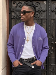 ANDREILEE Men's Fashion Casual Versatile Daily Commute Home Wear ADR Letter Apple Pattern Embroidered V-Neck Button Cardigan Loose Knit Sweater Jacket Autumn/Winter - Purple - View 3