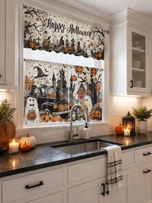3pcs Happy Halloween Kitchen Curtain Set, Ghost Pumpkin Haunted Castle Truck Graveyard Print Tier Panels With Valance For Spooky Farmhouse Window Decor - E - View 9