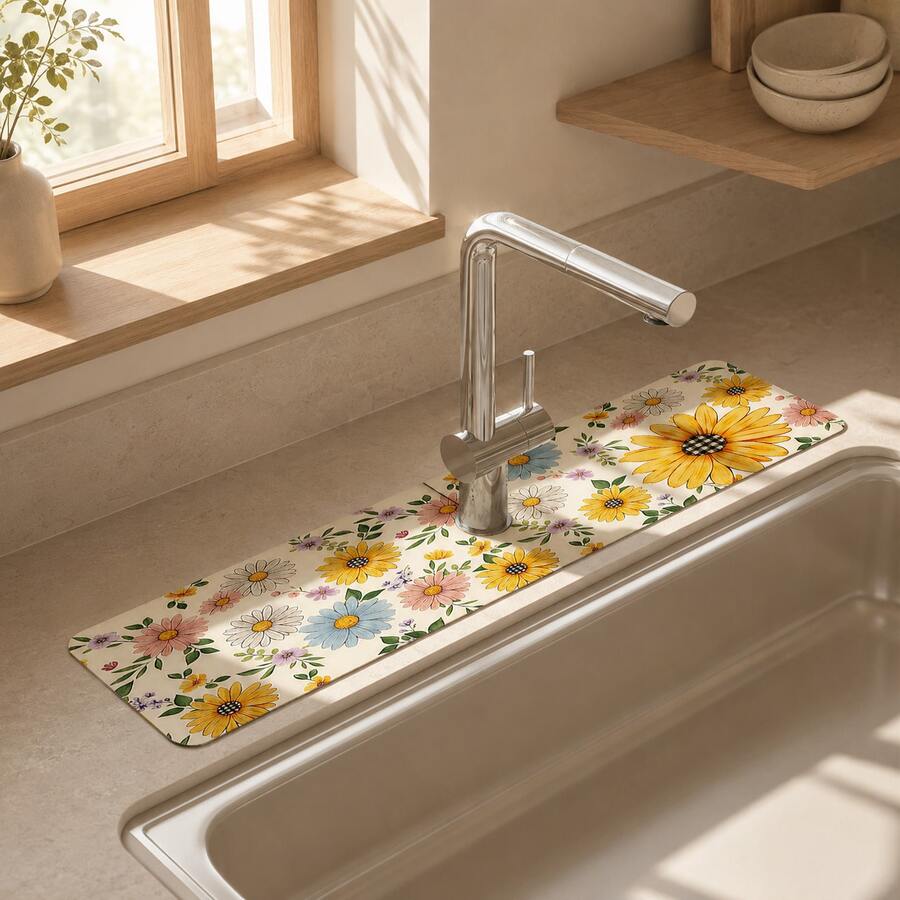 1pc Floral Pattern Sink Faucet Absorbent Mat, Drainage Mat, Suitable For Kitchen, Bathroom Sink, Countertop, Drainage Mat, Diatomaceous Earth Material, Trimmable, Quick-Drying Mat - Multicolor - View 1