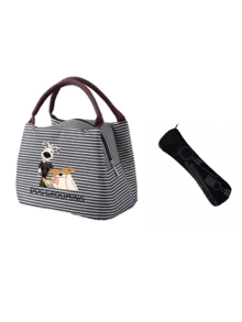 Cute Dog & "Dog Grooming" Striped Lunch Bag, Handbag, Striped Design, Multi-Functional Storage Bag, Lightweight Travel Handbag, Exquisite Gift - Multicolor - View 13