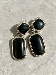1 Pair Vintage Old Money Style Fashion High-End New Geometric Black Agate Dangle Earrings Ear Clips Women's Fashion Jewelry Accessory - Old Money Style Black Onyx Clip-on Earrings - View 11