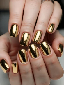 24 Pieces Of Gold-Plated Wearable Nail Covers, Short Square Fake Nails, Solid Color Manicures, Autumn And Winter Manicures Nail Art - Gold - View 1