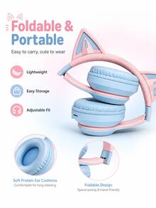 Headphone Bluetooth Nirkabel Bentuk Telinga Kucing Lucu dengan Lampu LED, Headset Lipat dan Dapat Diatur, Earphone Over-Ear Nyaman untuk Anak Perempuan, Kompatibel dengan iOS/Android untuk Bermain Game/Kelas Online - View 8