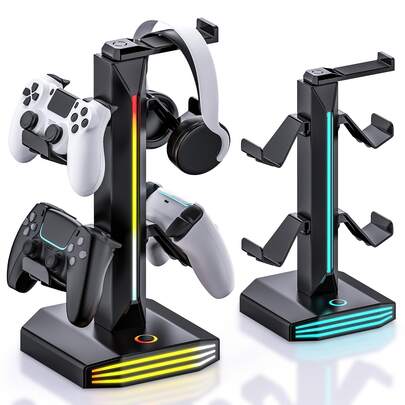 RGB Gaming Controller Stand With Headset Holder, Stores 4 Gamepads & 1 Headphone, 7-Color LED Light, 360° Rotating Arm, Removable Hooks, Dual USB-A Ports, Type-C Input, Desktop Organizer For P5/P4, X Series, Switch & PC
