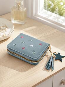 Women's Tassel Short Wallet, Cute Zipper Credit Card Holder, Fashionable Minimalist Heart Embroidery Wallet, Key Ring Wristlet, Back To School Gift - Multicolor - View 20
