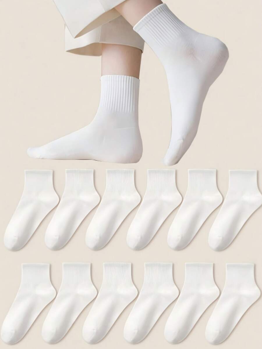 12 Pairs Women's Casual Versatile Solid Color Vertical Ribbed Sweat-Absorbent Breathable Mid-Calf Socks - White - View 1