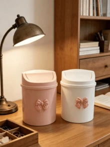 Mini Desktop Trash Can With Lid And Decorative Bow, Plastic Rotating Lid, Non-Electric Cylindrical Design, Suitable For Home, Office, Kitchen, Bedroom Vanity And Daily Use - Multi-color - View 5