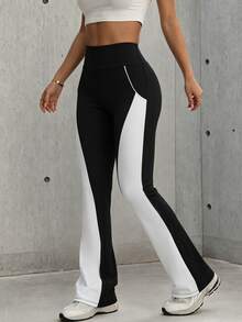 Hidkat Women's Fashion Solid Color Patchwork High Waist Yoga Casual Sports Knit Flare Pants - Black and White - View 4