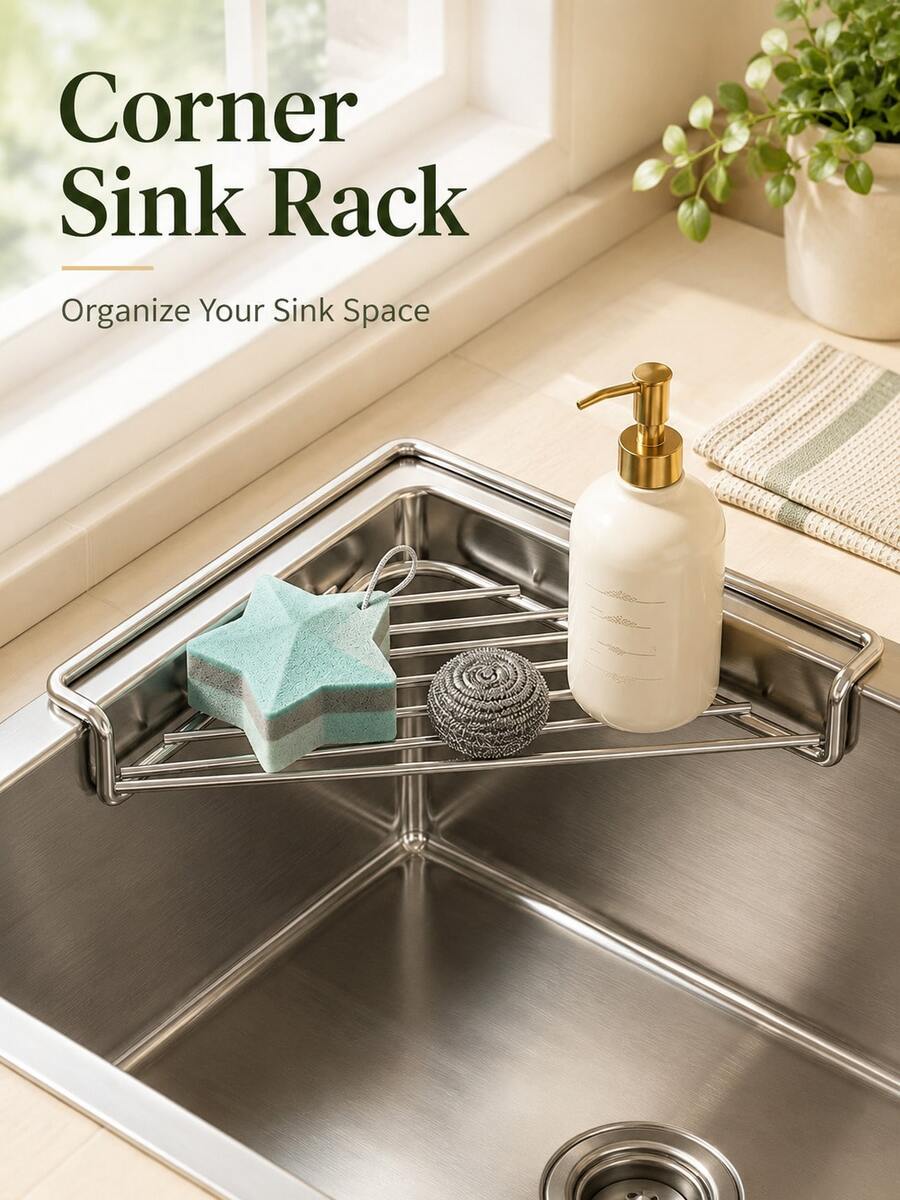 Triangular Sink Storage Rack, Stainless Steel Sink Top Draining Rack, Kitchen Dish Rack, Dishcloth And Sponge Draining Rack, Space-Saving Triangular Kitchen Organizer; Suitable For Draining Dish Soap, Cleaning Brushes And Sponges.