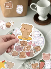 90pcs Cartoon Bear And Rabbit Stickers, Cute Fresh Pattern, Suitable For Decorating Water Bottles, Phone Cases, Scrapbooks, Notebooks, Skateboards, Helmets, Guitars, Etc., Multi-Purpose Decorative Stickers, DIY Gift Packaging Materials, Birthday Gifts - Multicolor - View 5