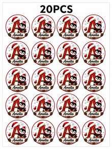 216-20pcs Personalized Christmas Name Round Stickers, Cute Penguin Initial Labels With Red Glitter Letters, Snowflakes And Santa Hats, Festive Gift Box Seals For Candy Bags, Cookie Packaging, Holiday Parties, Gift Exchanges And Christmas Decorations - Multicolor - View 7