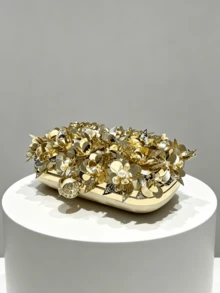 1件金色3D亮片花朵手拿包，珍珠裝飾硬殼包，可拆卸鏈條斜跨禮服包，適用婚禮、派對、晚禮服 - 金色 - 查看 6